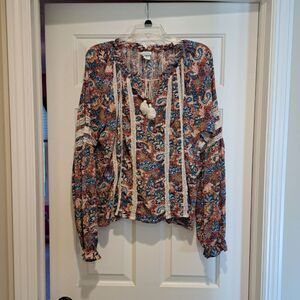 Sundance Paisley Floral Lace Trim Boho Cotton Blouse Top Size XL Tassel Ties